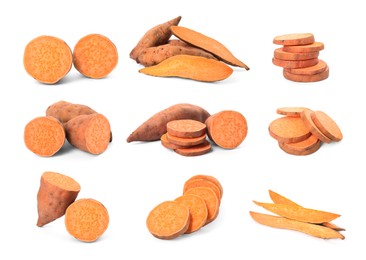 Image of Set with fresh sweet potatoes on white background 