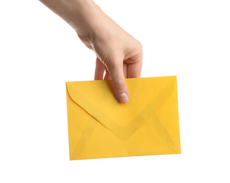 Photo of Woman holding yellow paper envelope on white background, closeup
