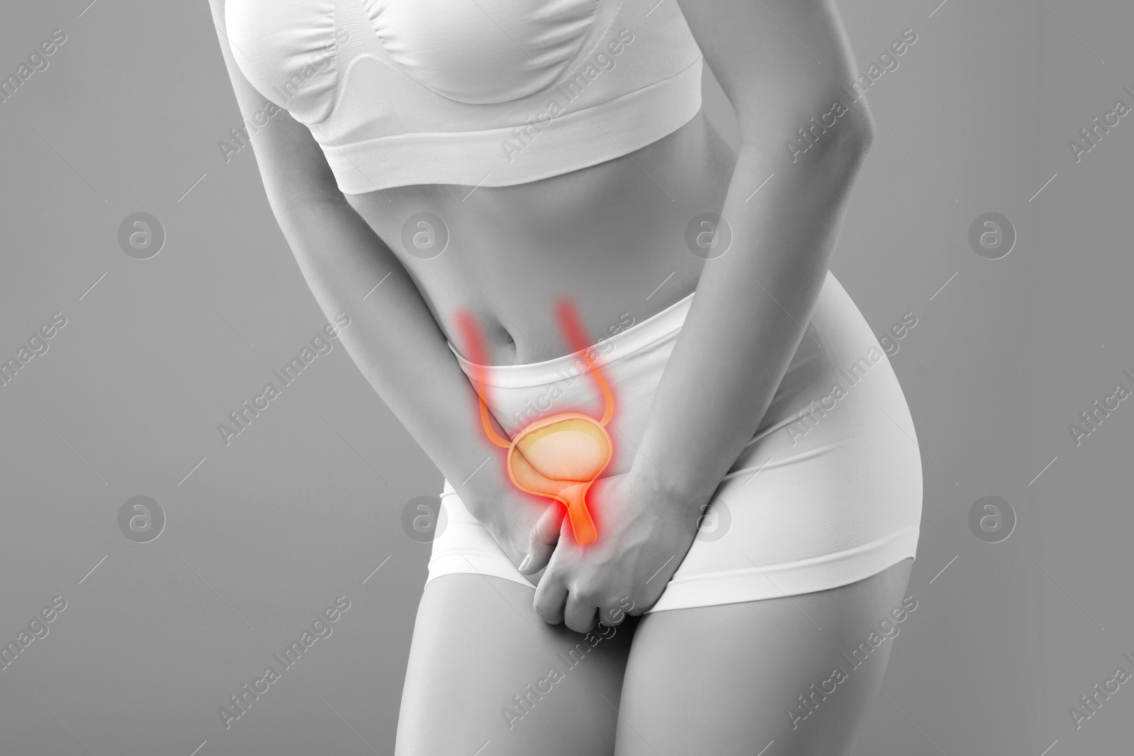 Image of Woman suffering from cystitis on light grey background, closeup. Illustration of urinary system