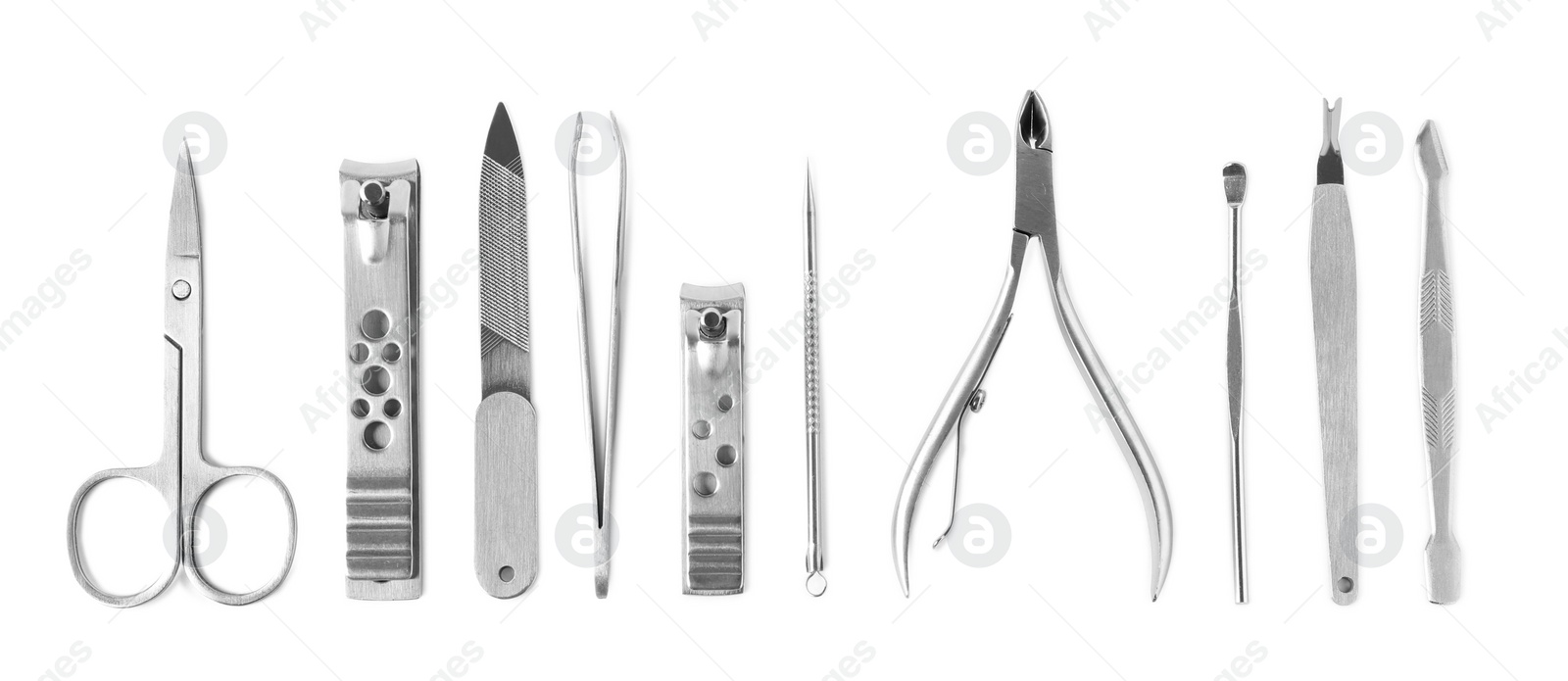 Photo of Manicure set on white background, top view