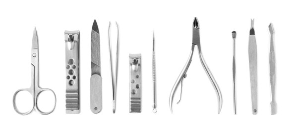 Photo of Manicure set on white background, top view