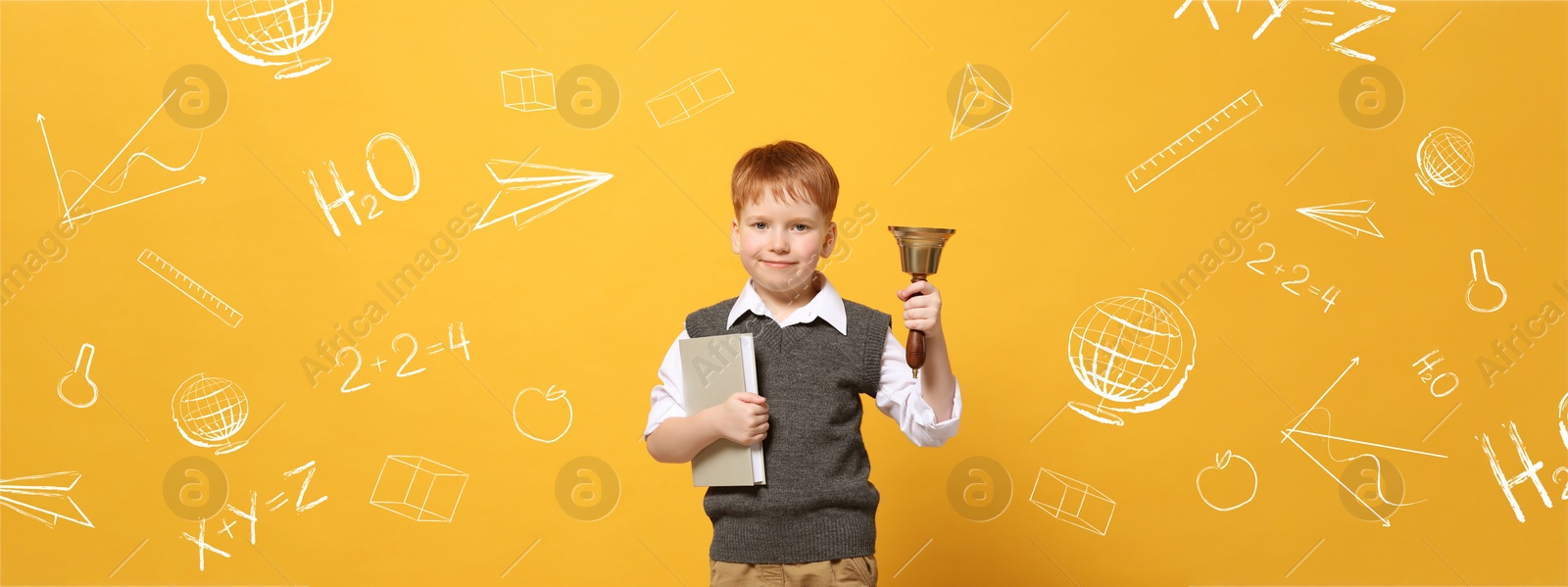 Image of Pupil holding school bell on orange background with drawings and inscriptions, banner design