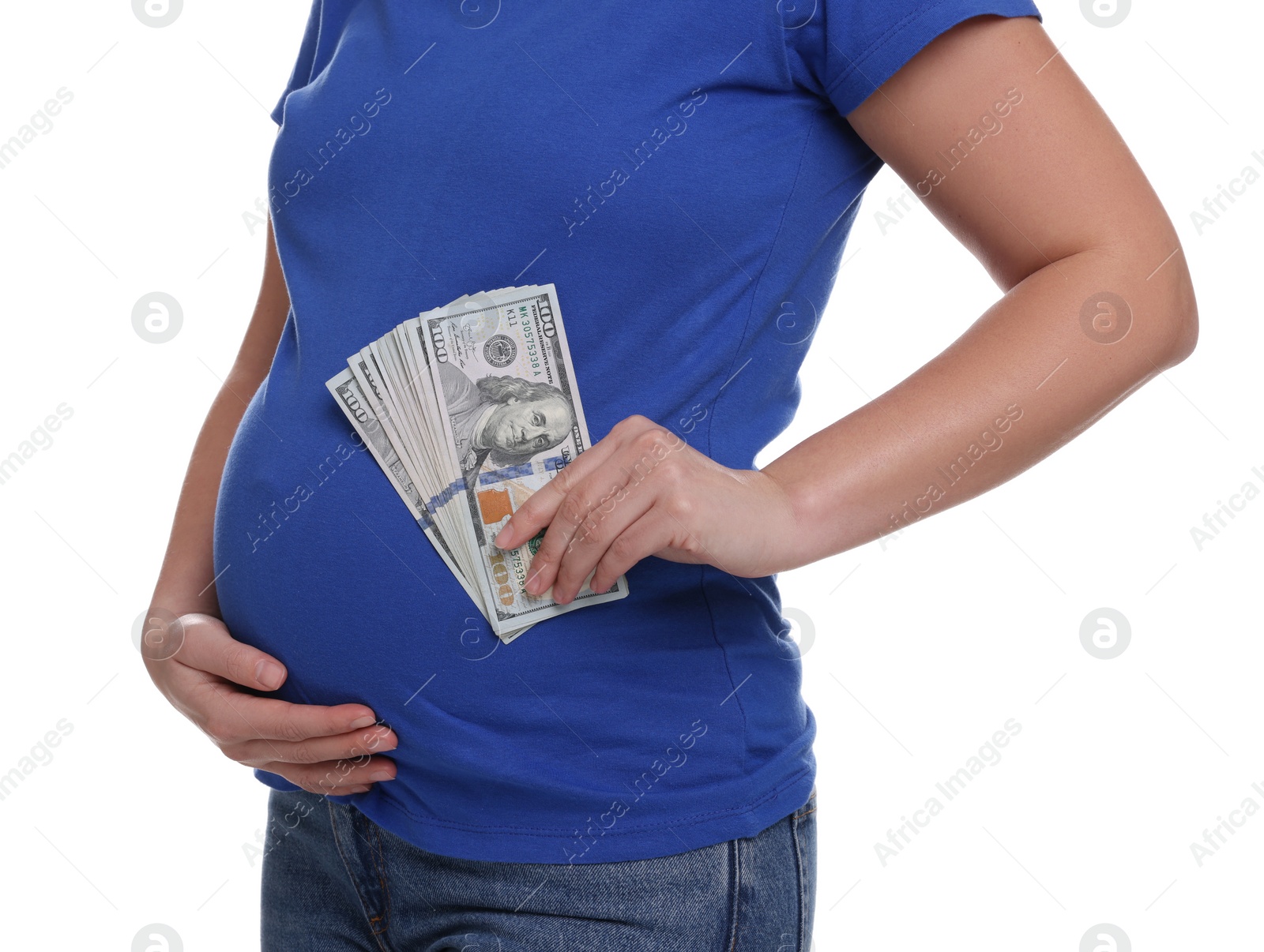 Photo of Surrogate mother. Pregnant woman with dollar banknotes on white background, closeup