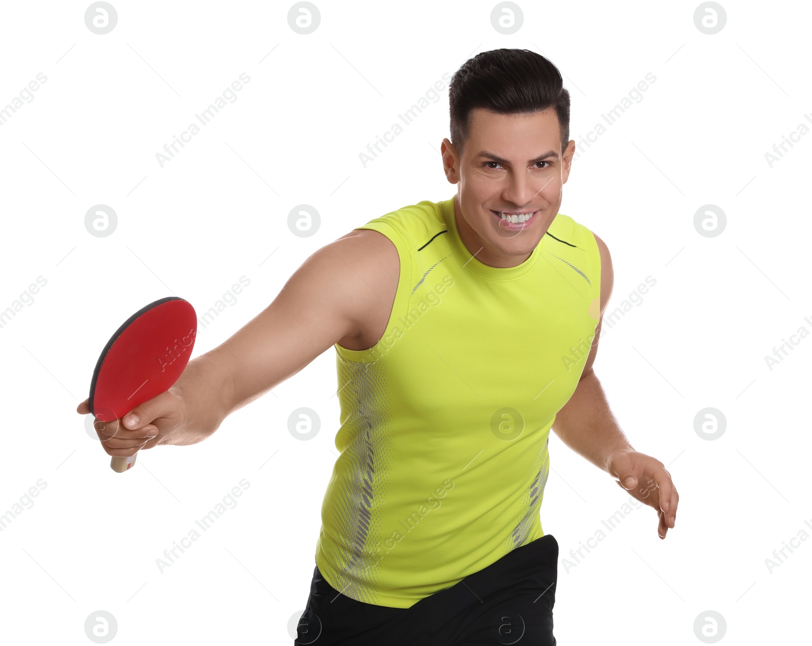 Photo of Handsome man with table tennis racket on white background. Ping pong player