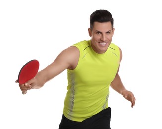 Handsome man with table tennis racket on white background. Ping pong player