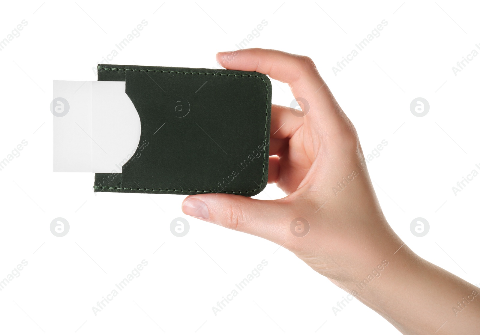 Photo of Woman holding leather business card holder with cards on white background, closeup