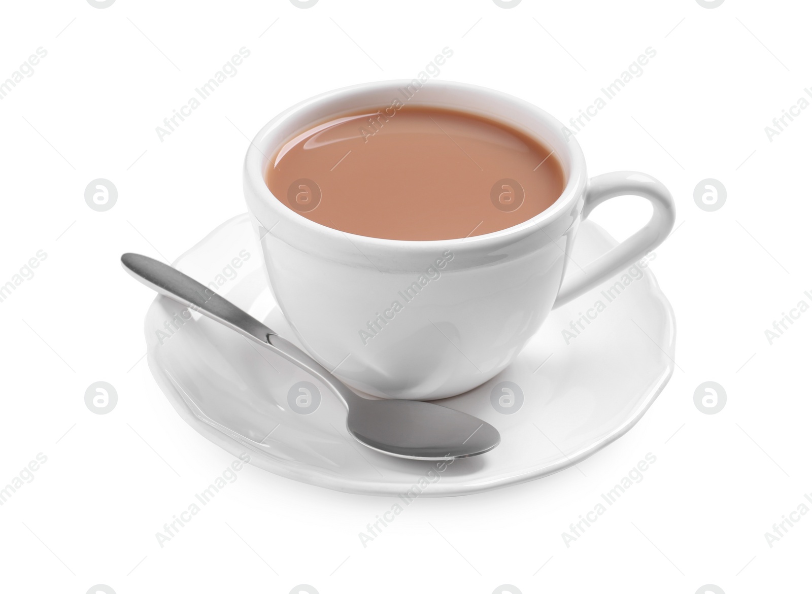 Photo of Delicious tea with milk on white background