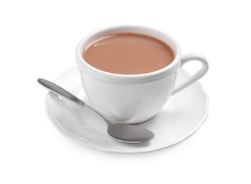 Photo of Delicious tea with milk on white background