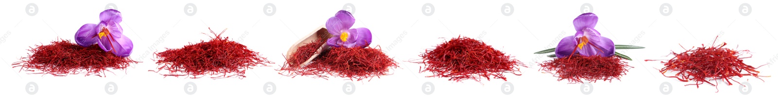 Image of Set with dried saffron and crocus flowers on white background. Banner design 