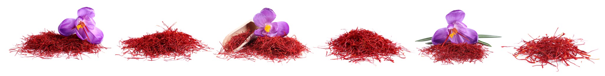 Image of Set with dried saffron and crocus flowers on white background. Banner design 