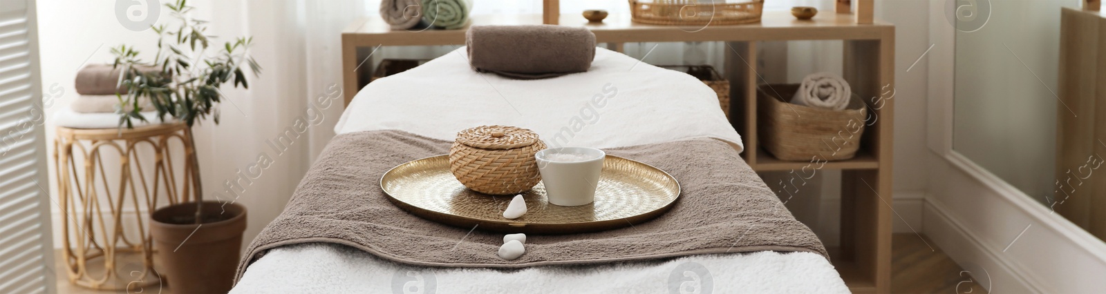 Image of Spa cabinet interior with massage table in wellness center. Banner design