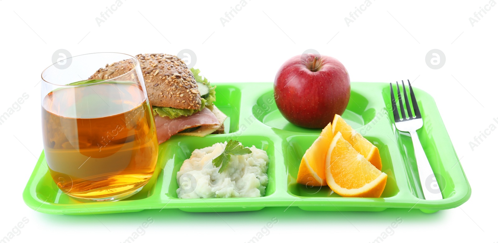 Photo of Serving tray with healthy food on white background. School lunch