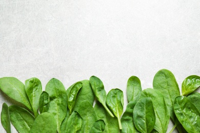 Photo of Fresh green healthy spinach on light table, flat lay. Space for text