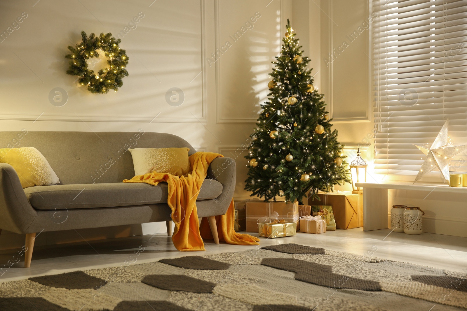 Photo of Stylish room with Christmas decorations. Festive interior design