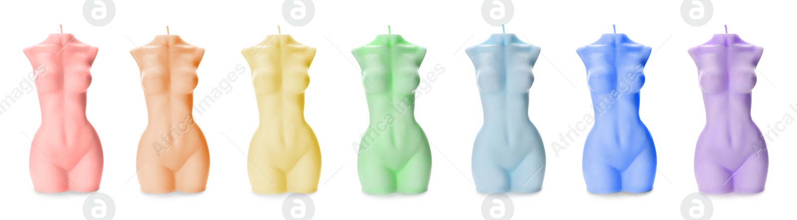 Image of Collection of beautiful female body shaped candles on white background. Banner design