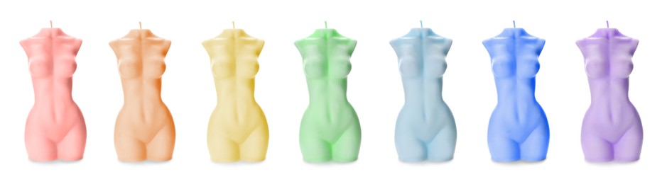 Image of Collection of beautiful female body shaped candles on white background. Banner design