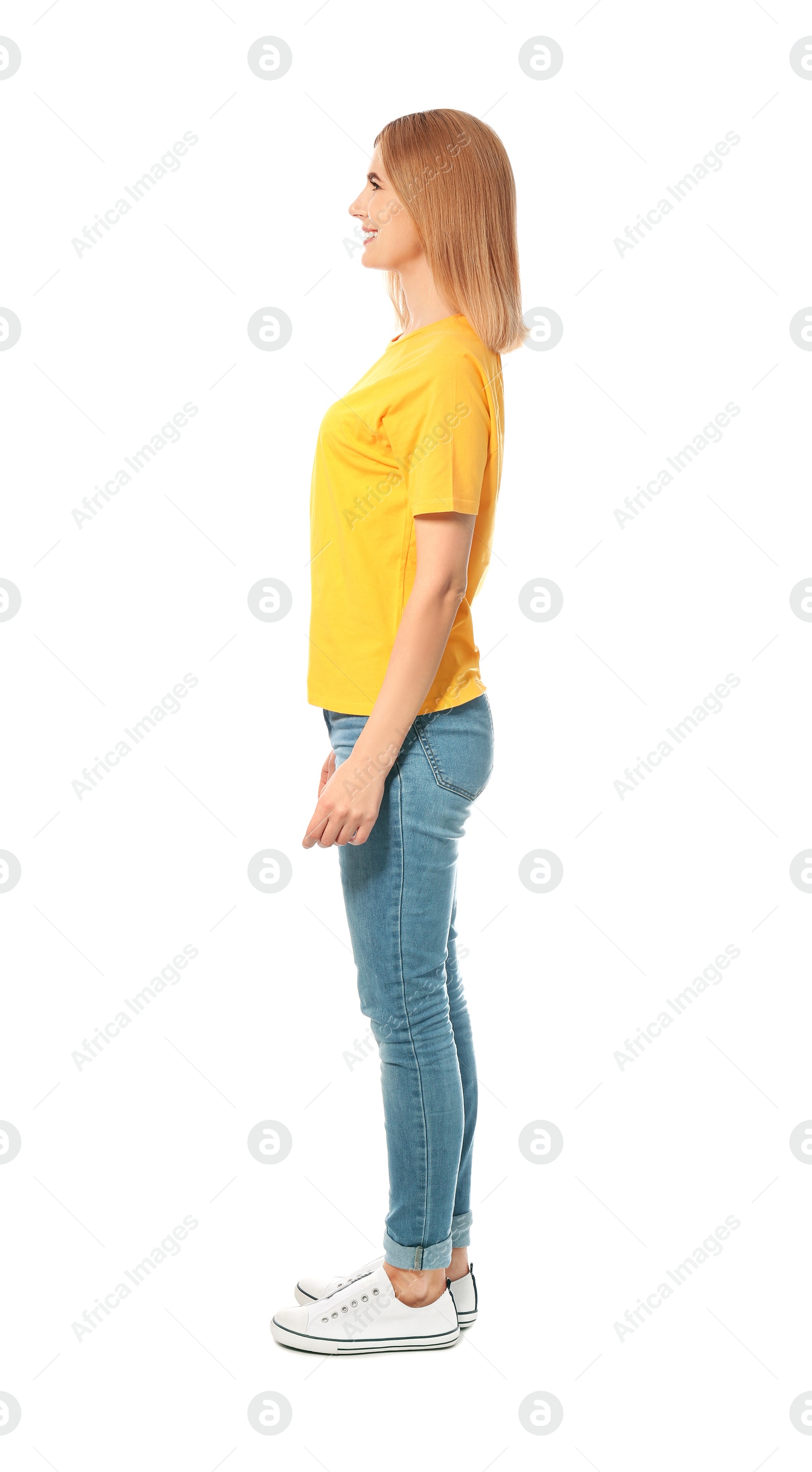 Photo of Full length portrait of beautiful woman posing on white background