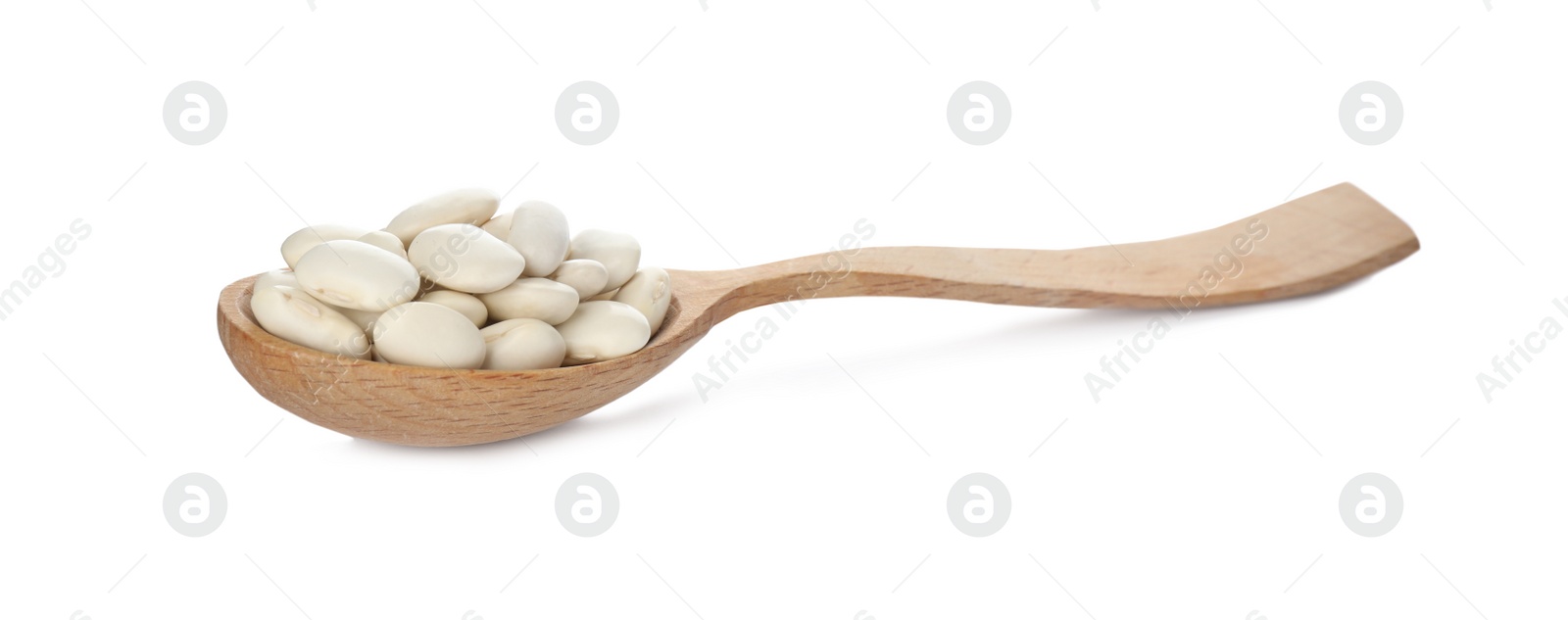 Photo of Spoon with uncooked navy beans on white background