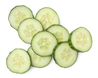 Photo of Pile of fresh cut cucumber isolated on white, top view