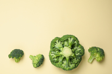 Photo of Fresh broccoli on beige background, flat lay. Space for text