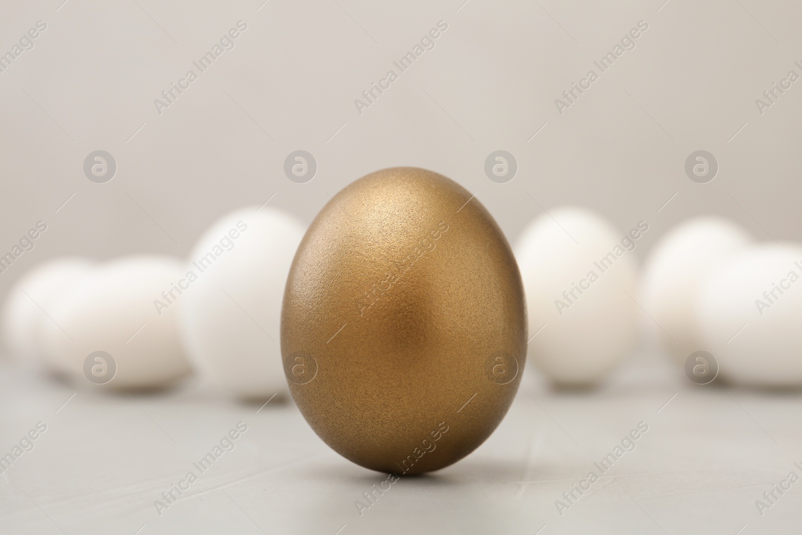Photo of One golden egg on light background, closeup