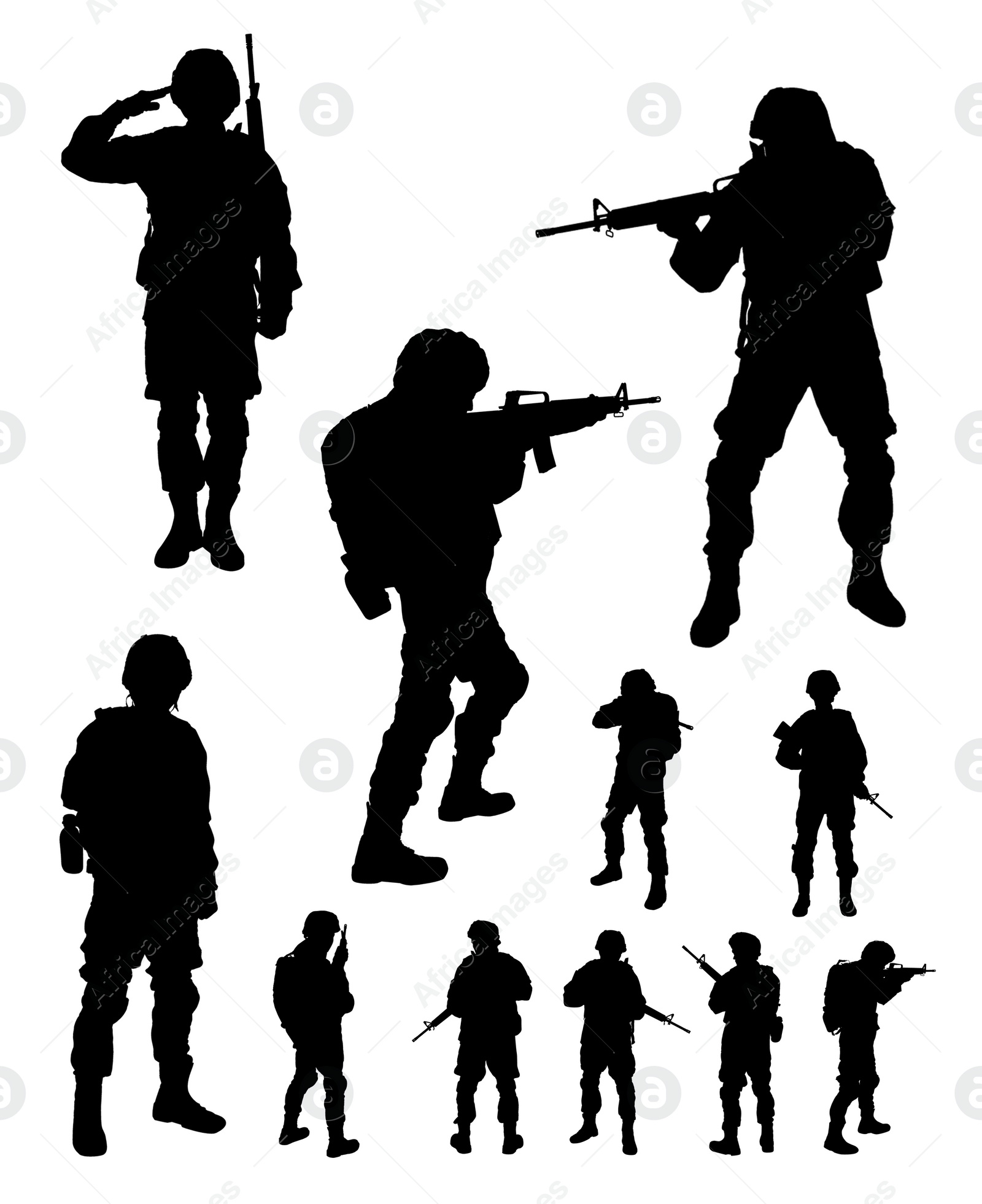 Image of Collage with silhouettes of soldiers on white background. Military service