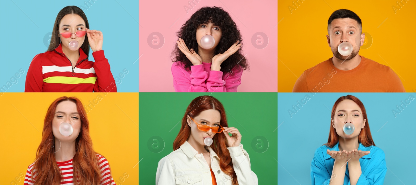 Image of People blowing bubble gums on color backgrounds, set of photos