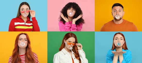 People blowing bubble gums on color backgrounds, set of photos