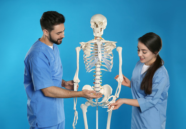 Photo of Young orthopedists with human skeleton model on blue background