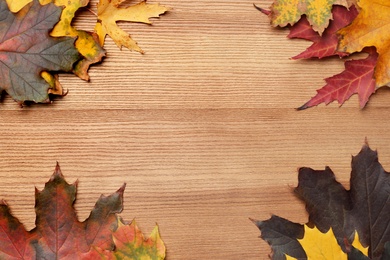 Photo of Dry autumn leaves of maple tree on wooden table, flat lay. Space for text