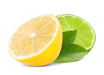 Image of Fresh lime, lemon and green leaves on white background