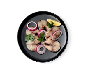 Photo of Slices of tasty salted mackerel with onion rings, parsley and lemon wedge isolated on white, top view