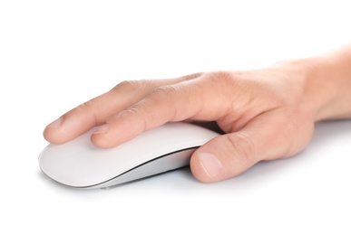 Man using computer mouse on white background, closeup of hand