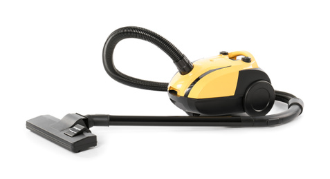 Photo of Modern yellow vacuum cleaner isolated on white