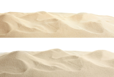 Heaps of dry beach sand on white background