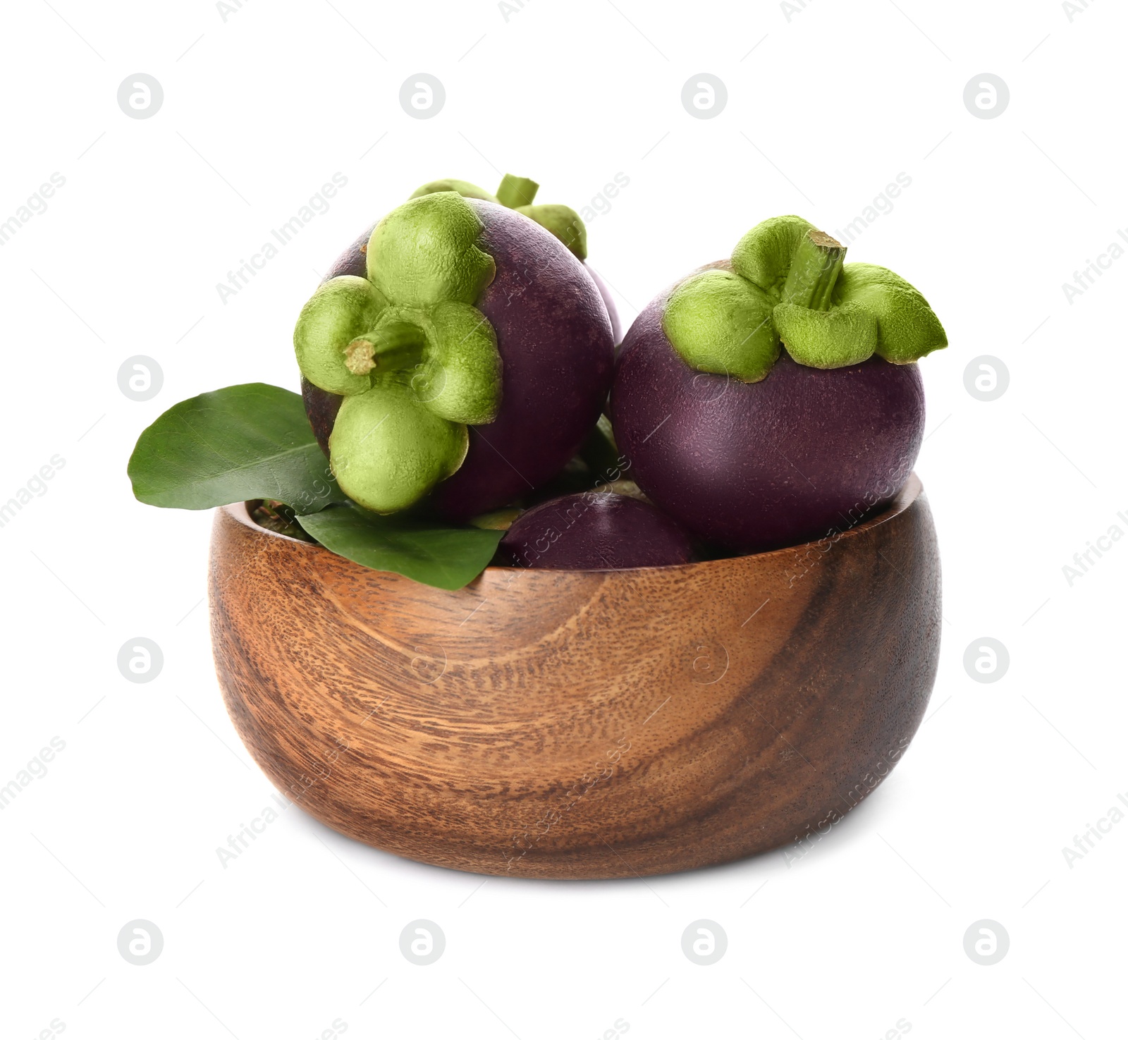 Photo of Fresh mangosteen fruits with green leaves in bowl on white background