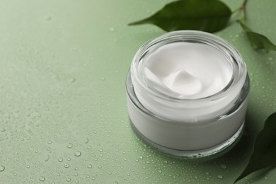 Photo of Glass jar of face cream and leaves on wet green surface. Space for text