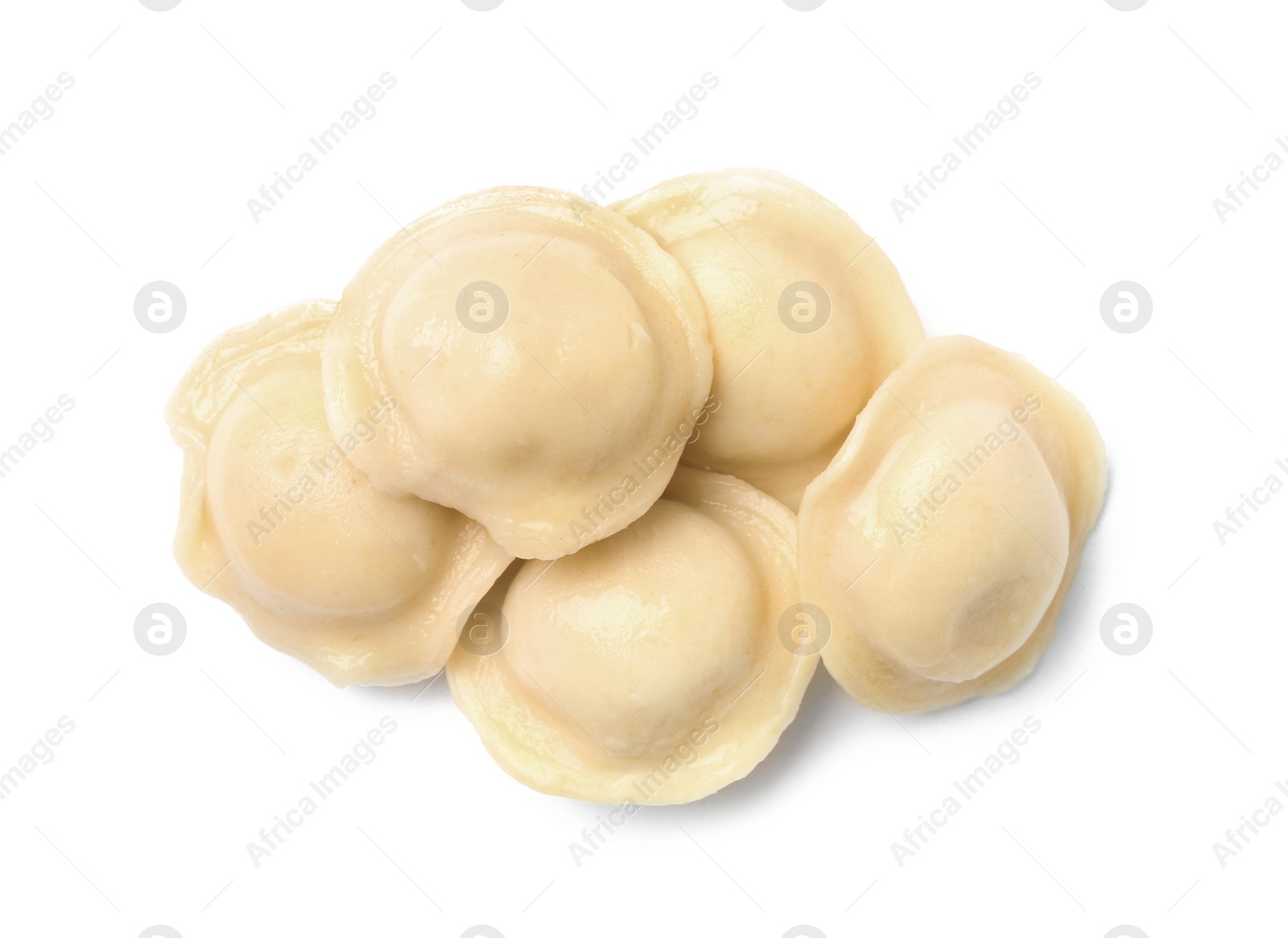 Photo of Boiled dumplings on white background, top view