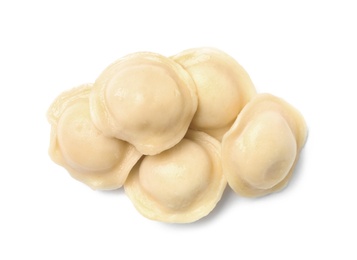 Boiled dumplings on white background, top view