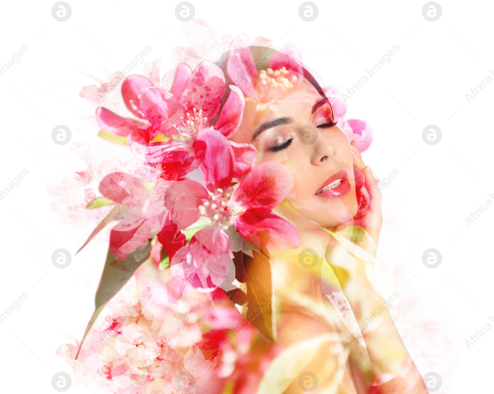 Image of Double exposure of beautiful woman and blooming flowers