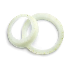 Photo of Fresh raw onion rings on white background