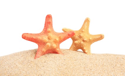 Photo of Beautiful sea stars (starfish) in sand isolated on white