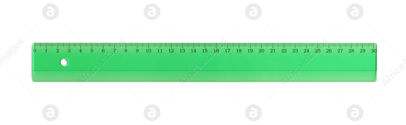 Photo of Ruler with measuring length markings in centimeters isolated on white, top view