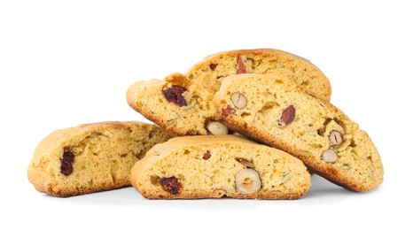 Slices of tasty cantucci with berry and pistachio on white background. Traditional Italian almond biscuits