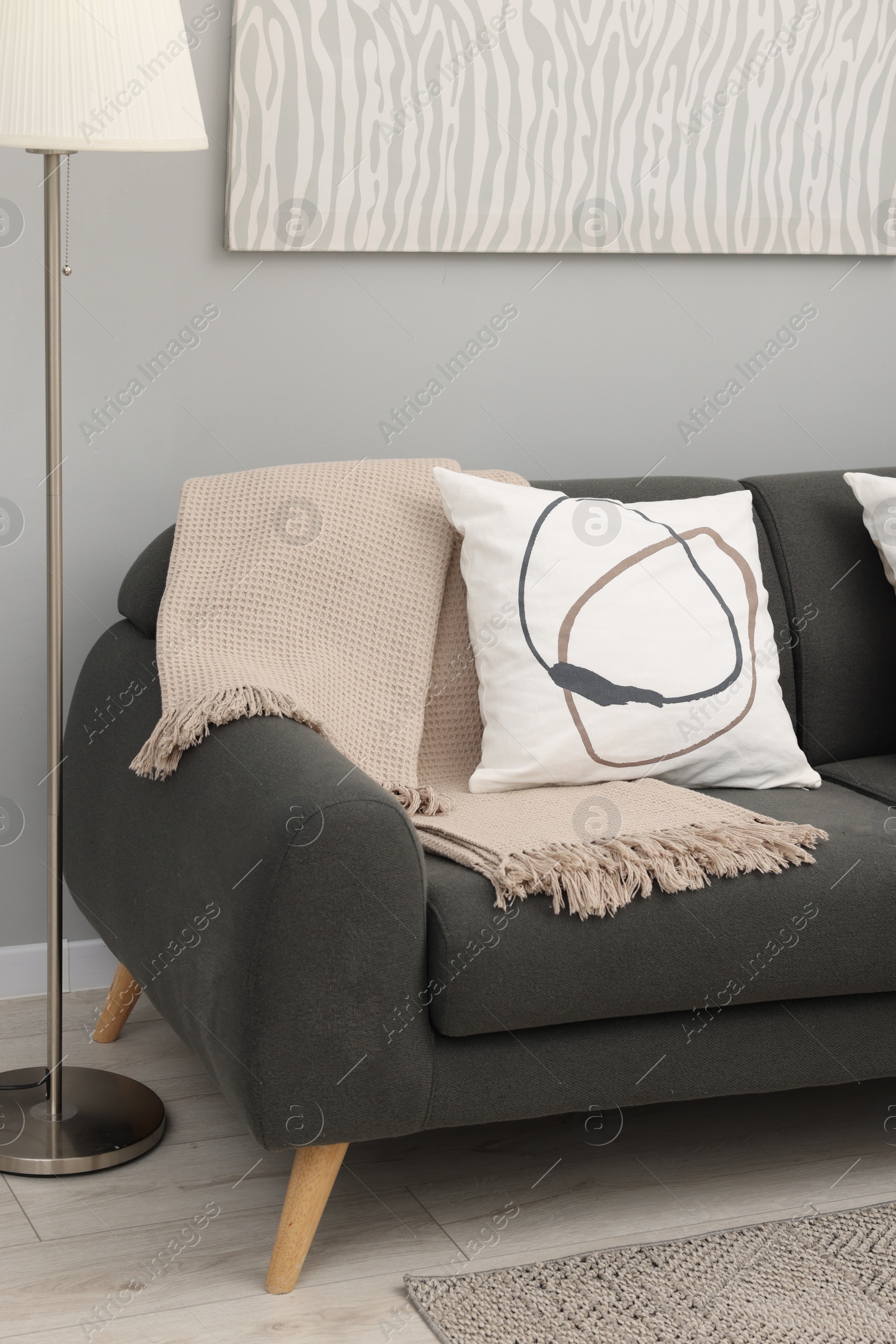 Photo of Soft pillow and blanket on sofa indoors