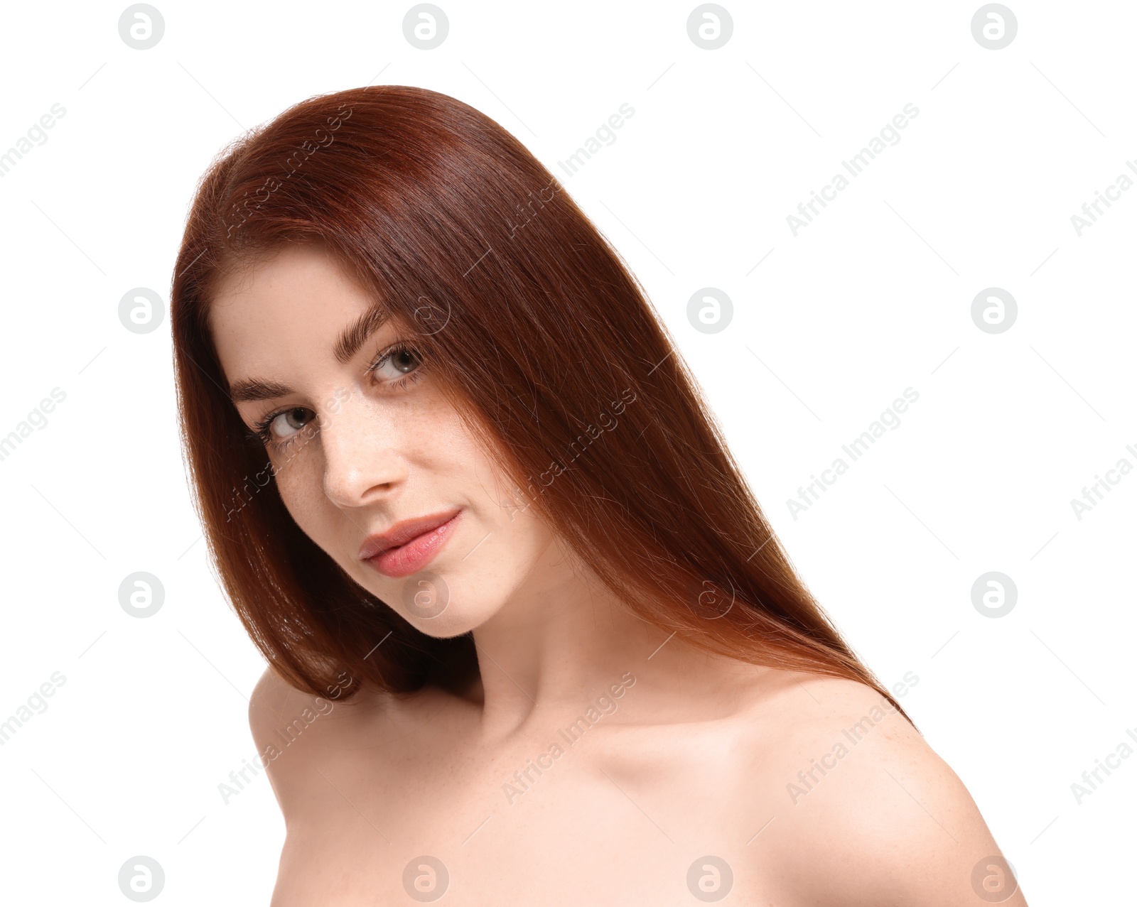 Photo of Portrait of beautiful woman with freckles on white background