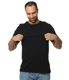 Man wearing black t-shirt on white background