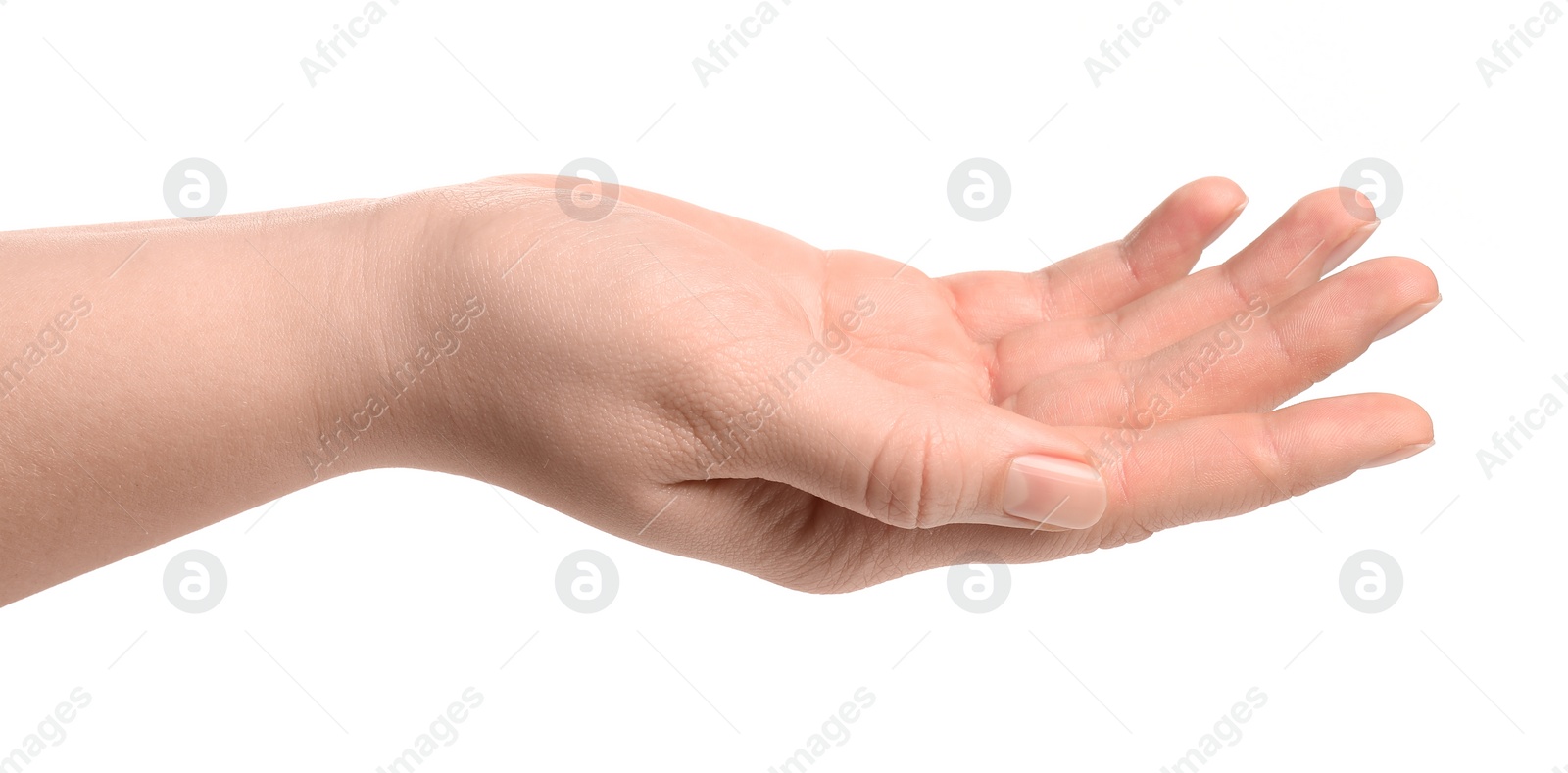 Photo of Woman holding something in her hand on white background, closeup