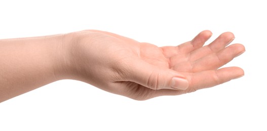 Photo of Woman holding something in her hand on white background, closeup