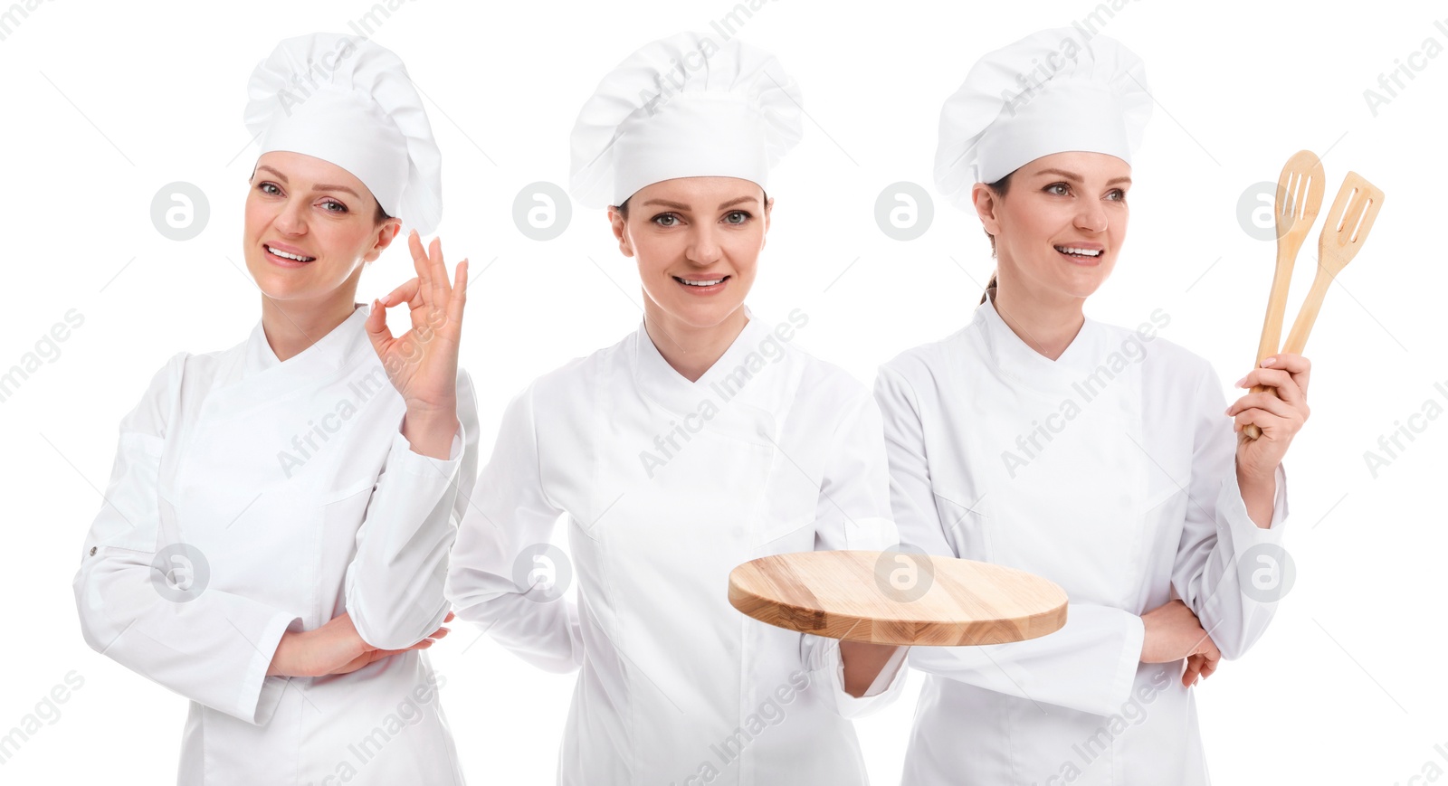 Image of Chef in uniform on white background, set with photos